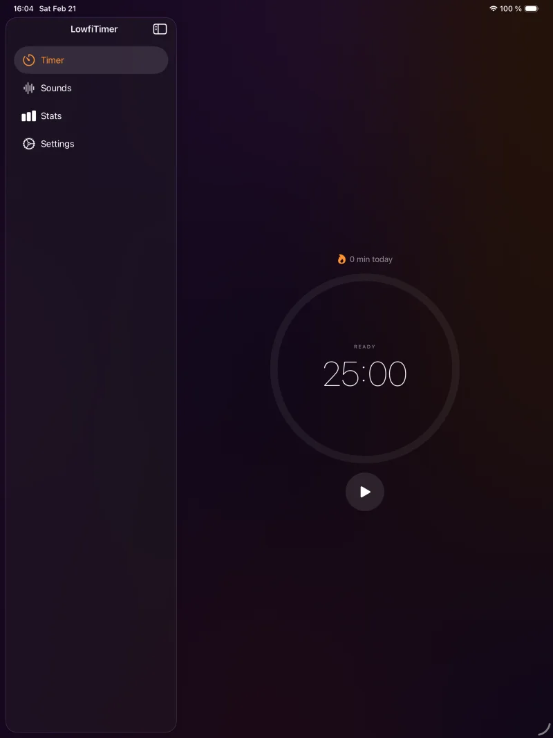 LowfiTimer on iPad — focus timer with 25:00 countdown