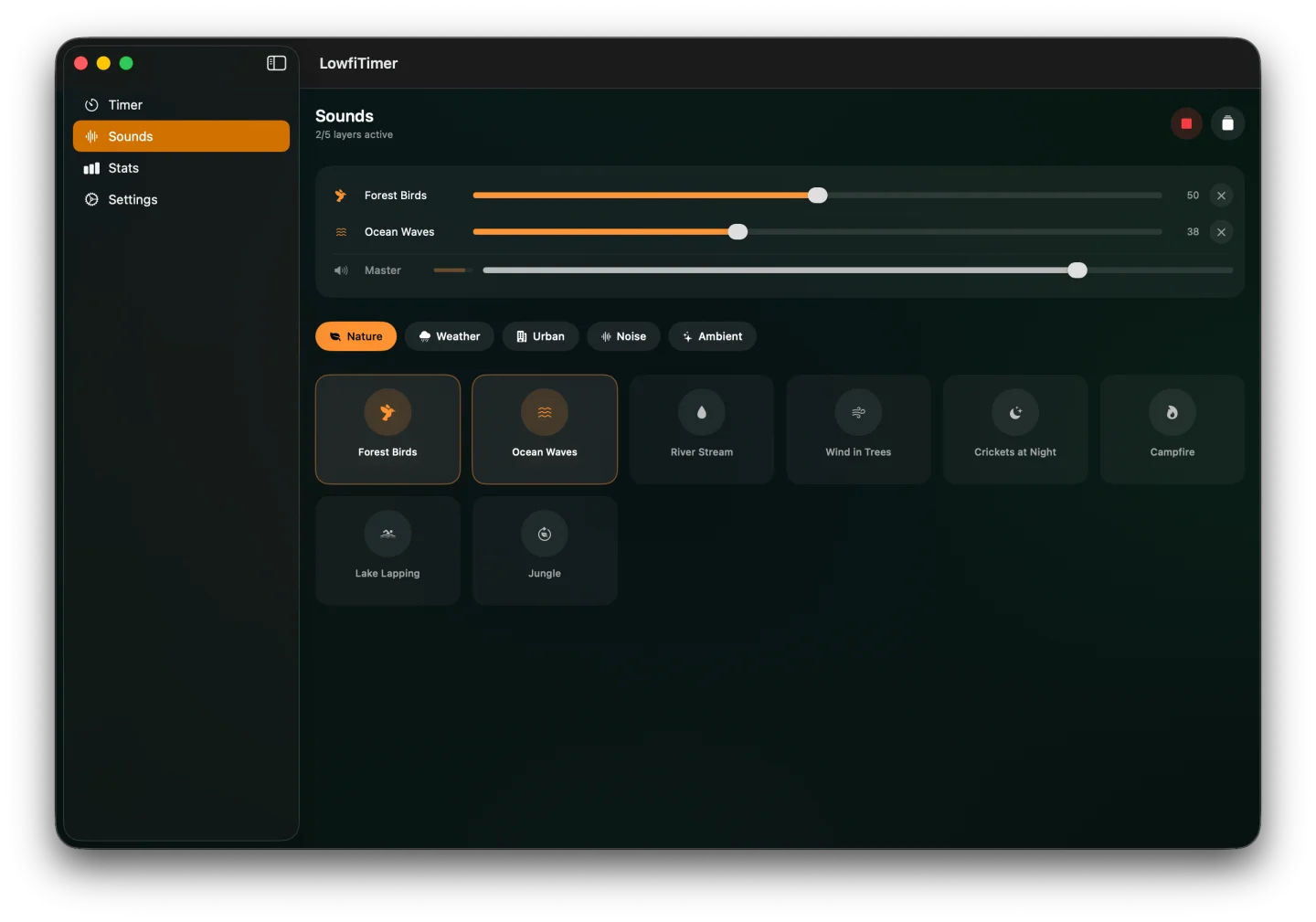 LowfiTimer on Mac — 30 ambient sounds with volume mixing and presets