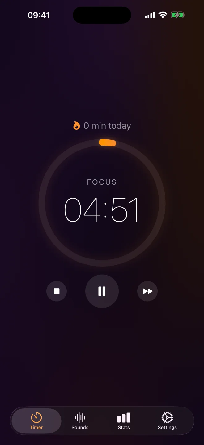 LowfiTimer focus timer showing 24:57 with ambient sound controls